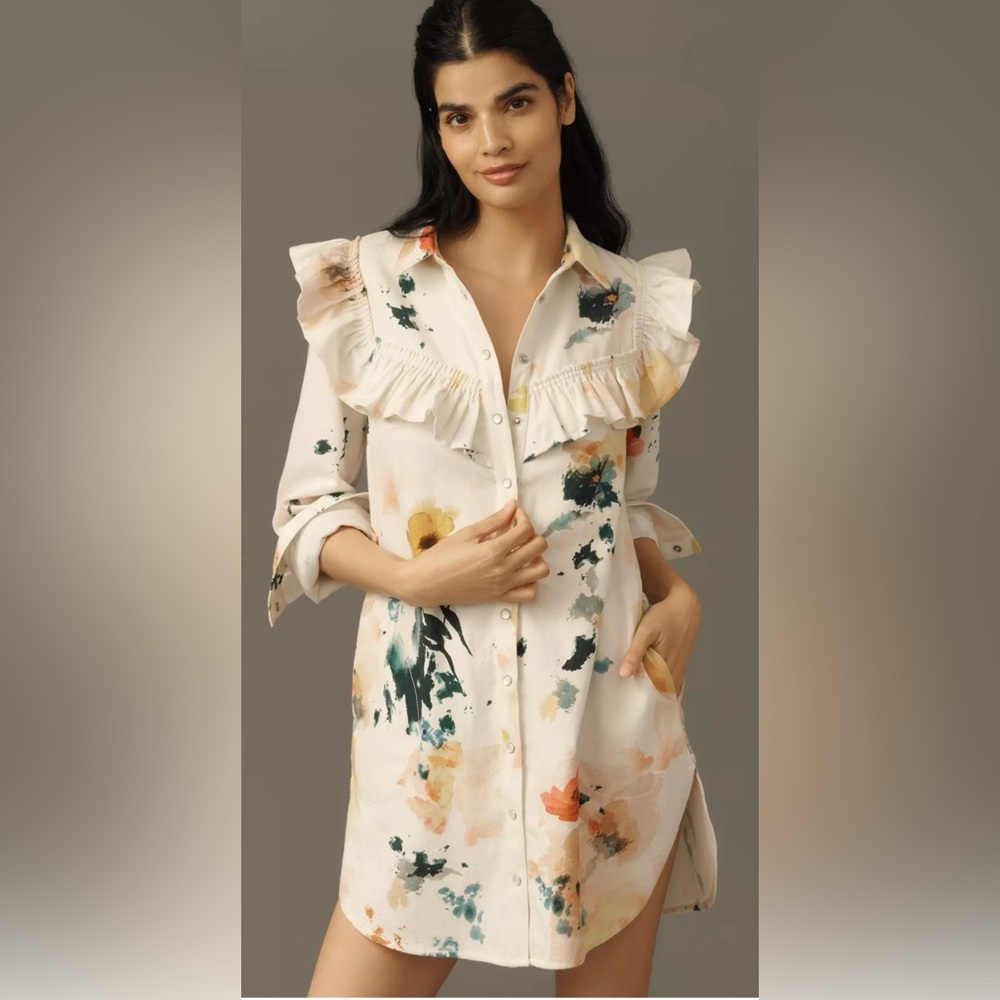 Pilcro Long-Sleeve Ruffled Denim
Mini Shirt Dress